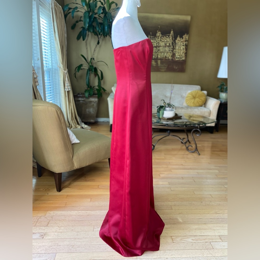 Nicole Miller Strapless Red Satin Evening Gown Crimson Formal Maxi Dress - Picture 4 of 15
